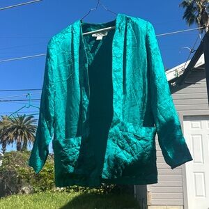 Vintage Argenti Jade Color 100% Silk Floral Jacket with Quilted Pockets 90s 80s
